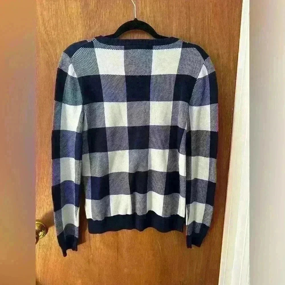 J. Crew Factory Women’s Blue White Small Teddie Check Jacquard Pullover Sweater - Picture 2 of 4